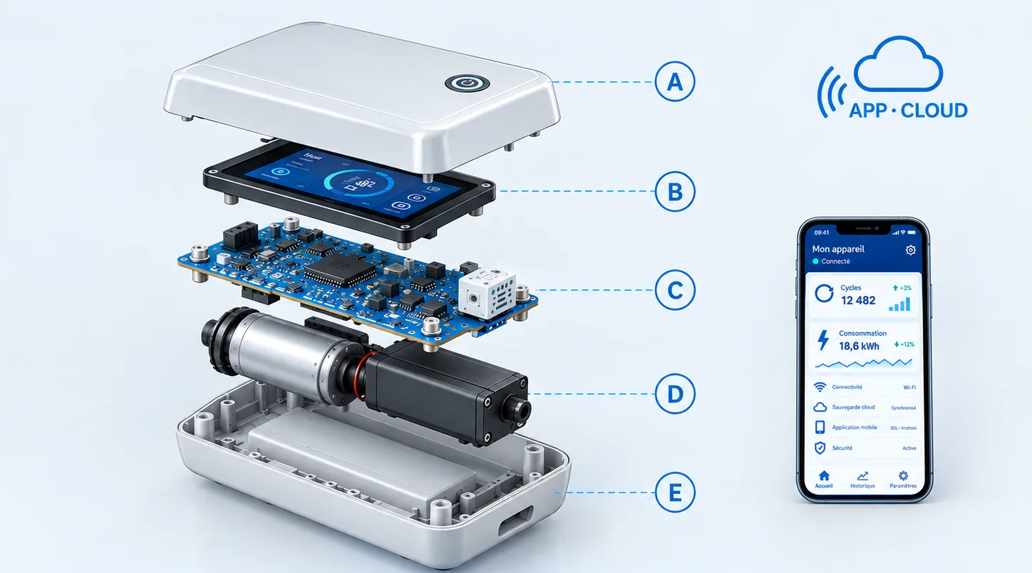 Illustration : vue éclatée d'un produit connecté avec coque supérieure, écran tactile, carte électronique avec capteur, motorisation et batterie, coque inférieure, relié à une application mobile et au cloud.